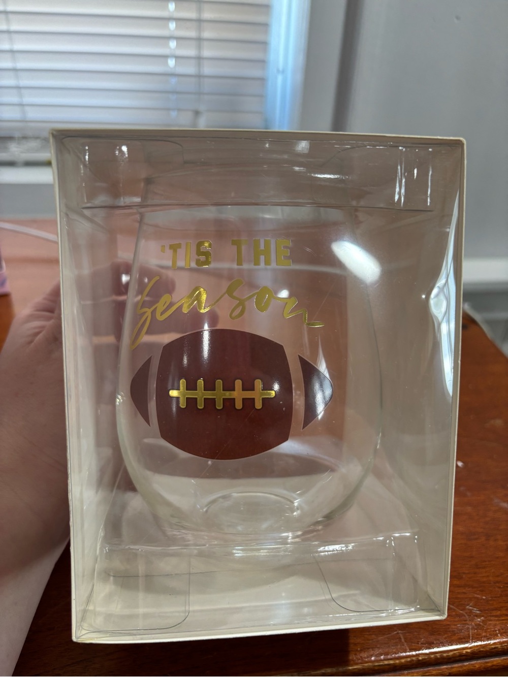 Tis the Season Football Stemless Glass - Clear with Brown & Gold